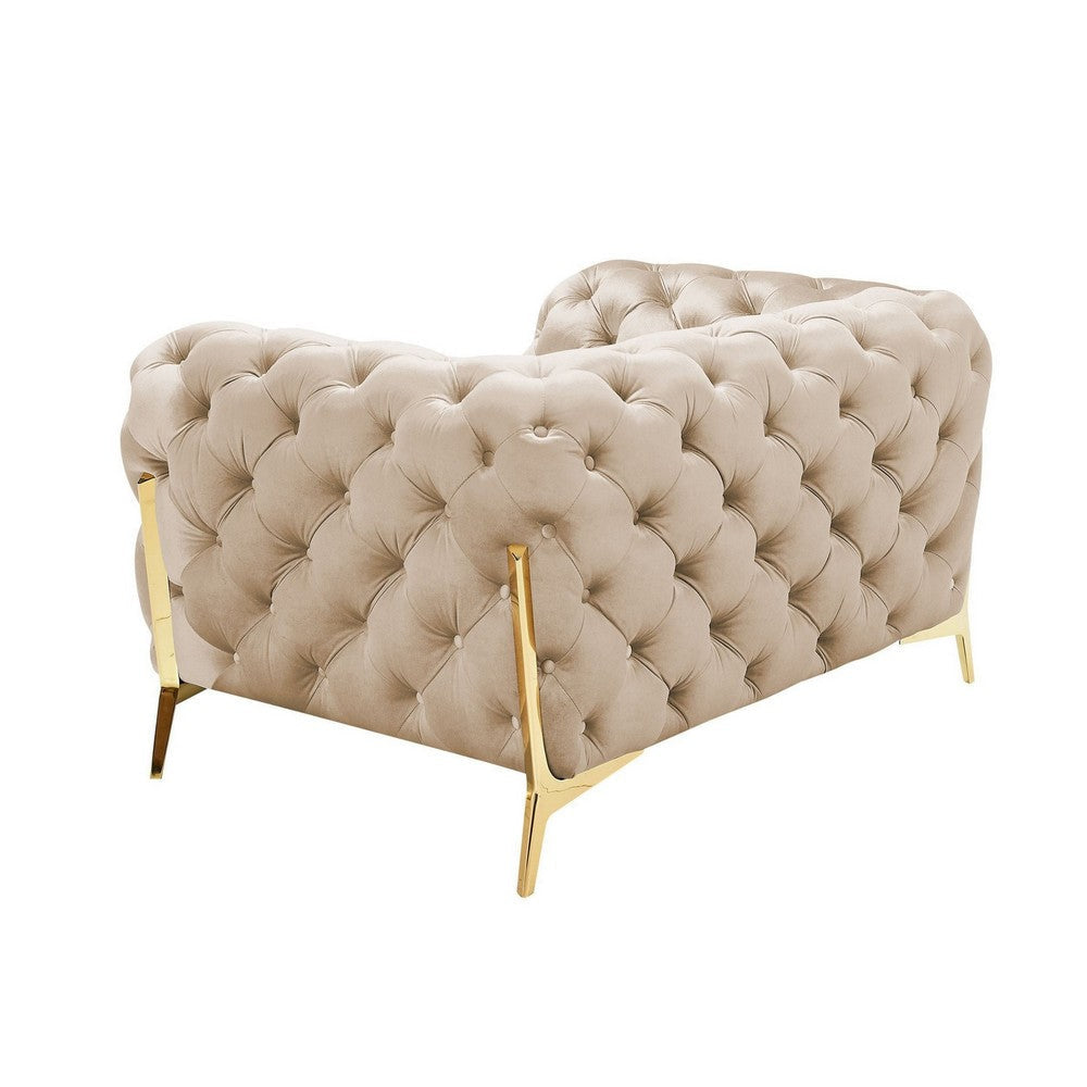 Vigo 50 Inch Accent Chair Chesterfield Button Tufted Gold Beige Velour By Casagear Home BM317222