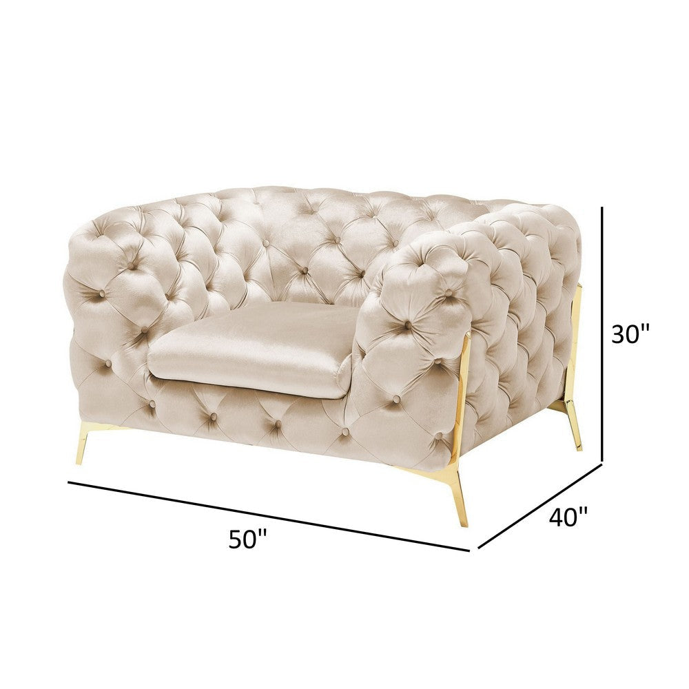 Vigo 50 Inch Accent Chair Chesterfield Button Tufted Gold Beige Velour By Casagear Home BM317222