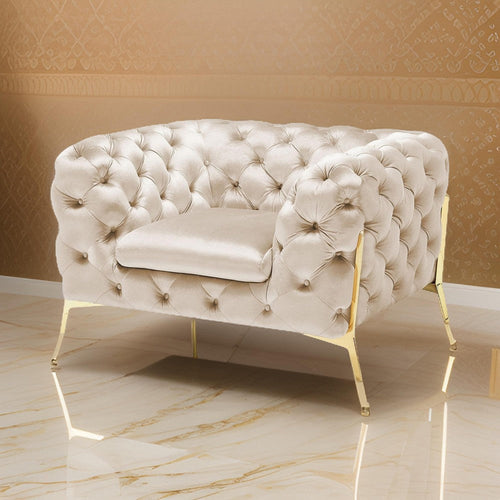 Vigo 50 Inch Accent Chair, Chesterfield Button Tufted, Gold, Beige Velour By Casagear Home