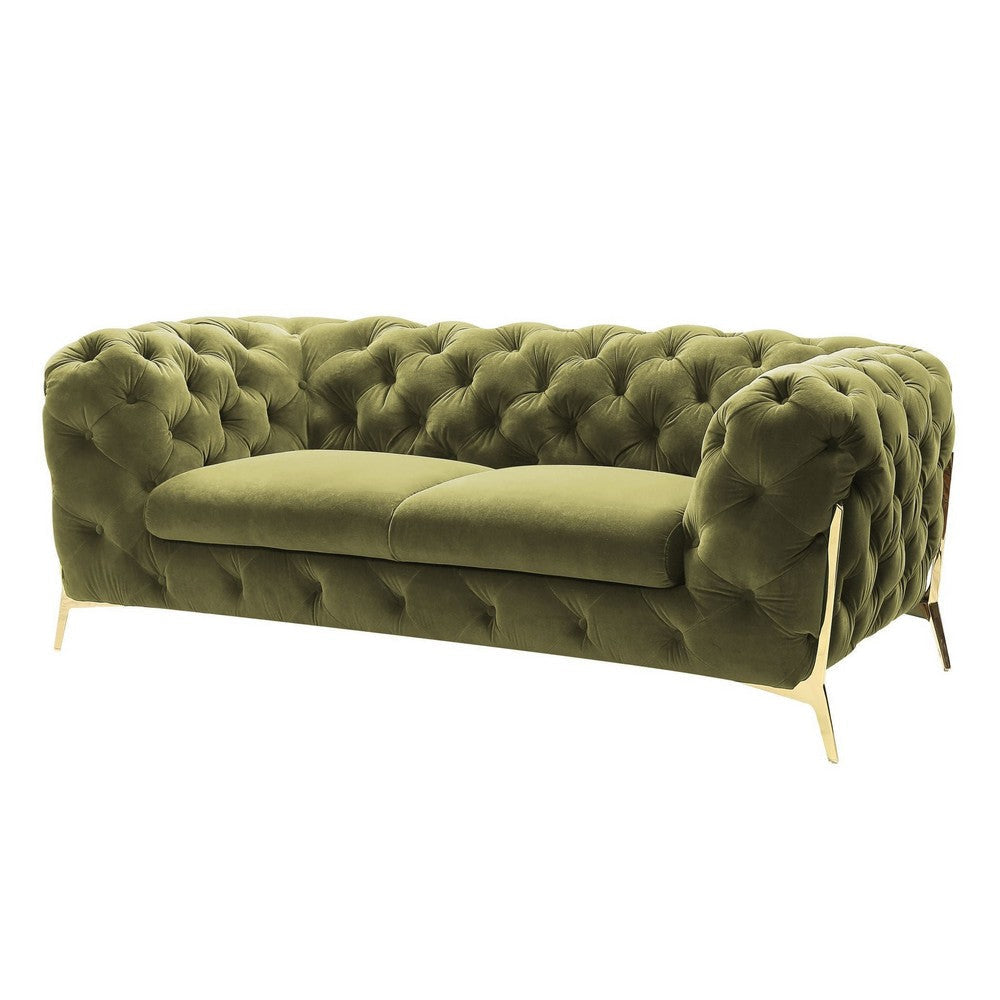 Vigo 74 Inch Loveseat Button Tufted Chesterfield Curved Green Gold By Casagear Home BM317229