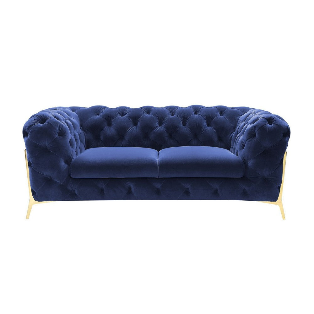 Vigo 74 Inch Loveseat, Button Tufted Chesterfield Style, Curved, Blue, Gold By Casagear Home