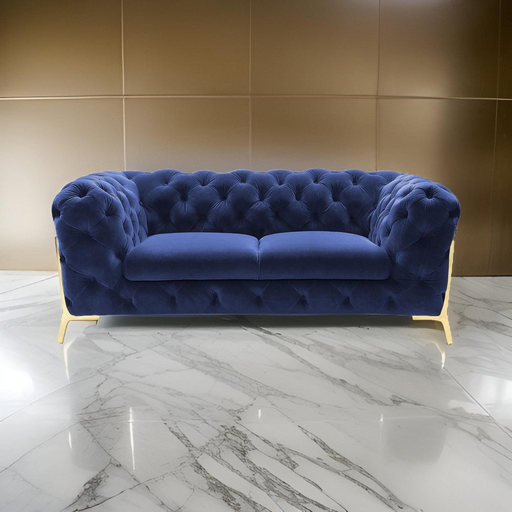 Vigo 74 Inch Loveseat Button Tufted Chesterfield Style Curved Blue Gold By Casagear Home BM317230