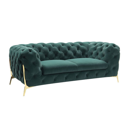 Vigo 74 Inch Loveseat, Button Tufted Chesterfield, Emerald Green, Gold By Casagear Home