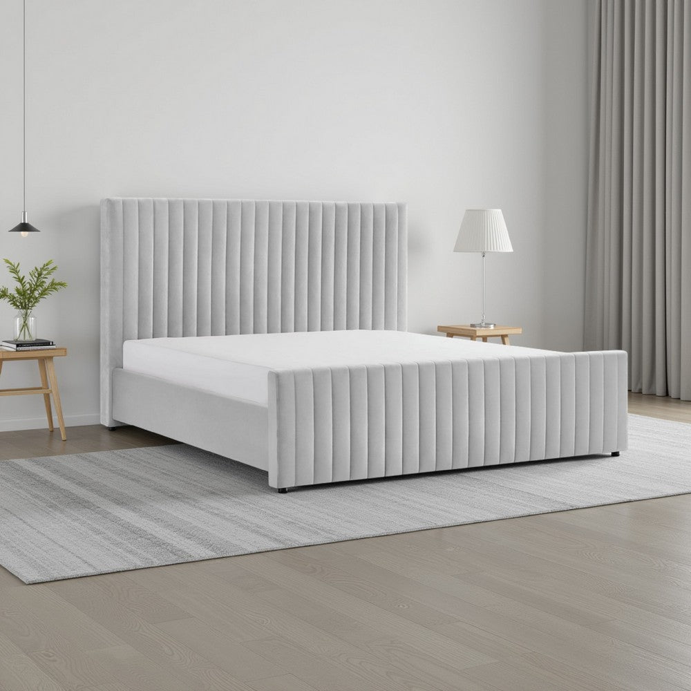 Tini Queen Size Platform Bed, Channel Tufted Upholstery, Gray Velvet By Casagear Home