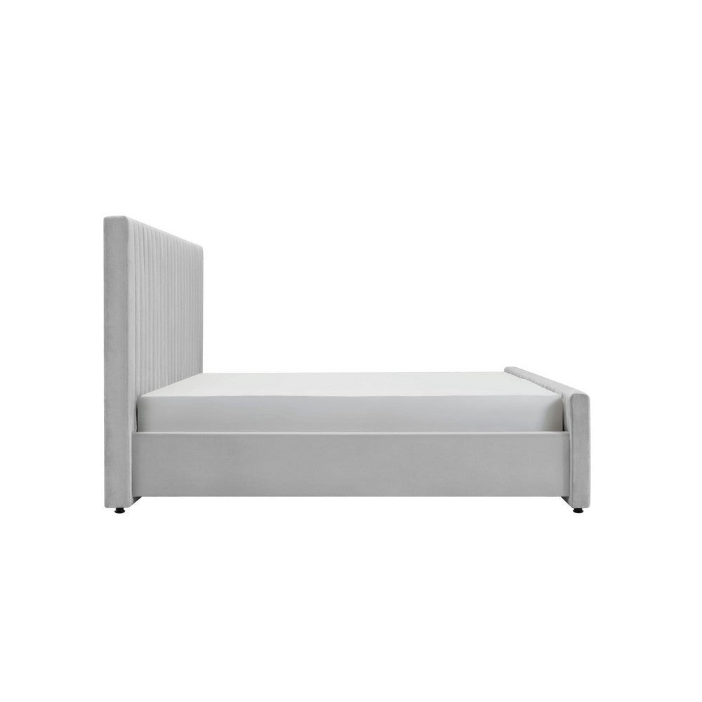 Tini King Size Platform Bed Gray Velvet Vertical Channel Tufted Upholstery By Casagear Home BM317238