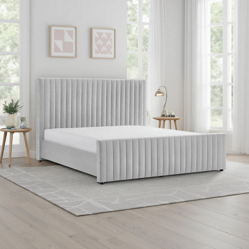 Tini King Size Platform Bed, Gray Velvet Vertical Channel Tufted Upholstery By Casagear Home