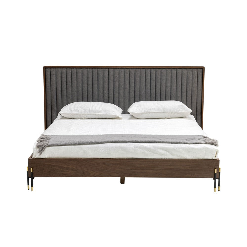 Noe Sia King Size Platform Bed Channel Tufted Upholstery Gray Brown BM317240