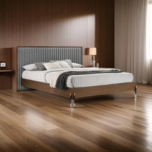 Noe Sia King Size Platform Bed, Channel Tufted Upholstery, Gray, Brown