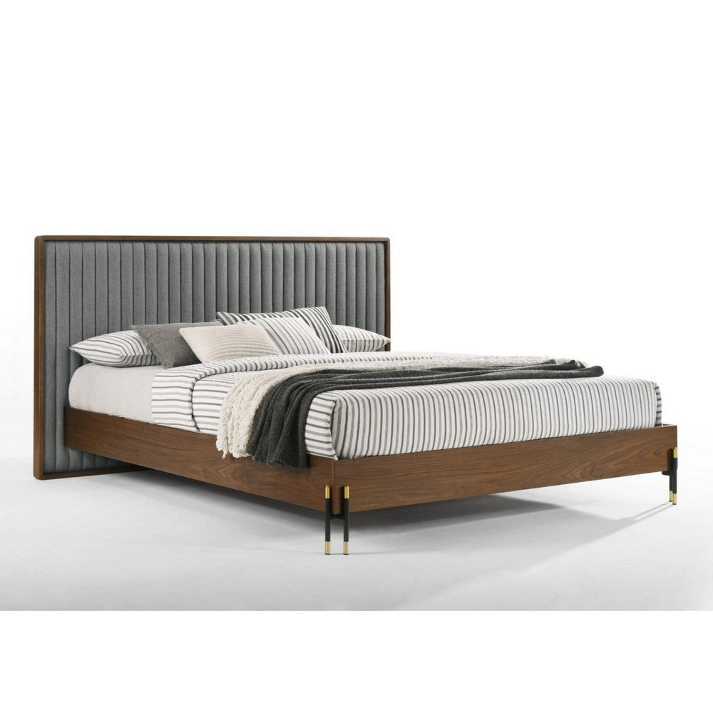 Noe Sia King Size Platform Bed, Channel Tufted Upholstery, Gray, Brown