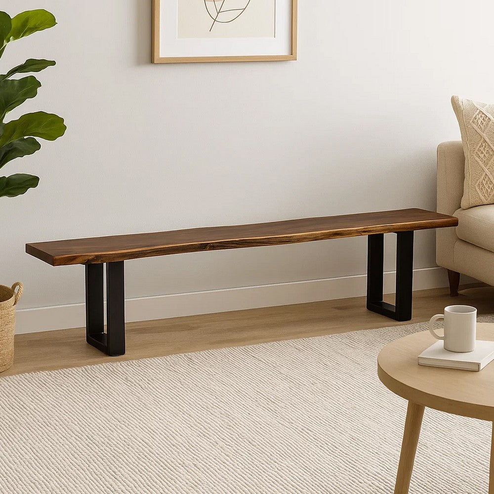 Cid Xue 102" Dining Bench, Brown Live Edge Rectangular Top by Casagear Home