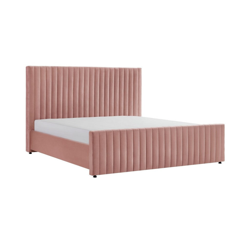 Tini King Platform Bed, Vertical Channel Tufted Upholstery, Pink By Casagear Home