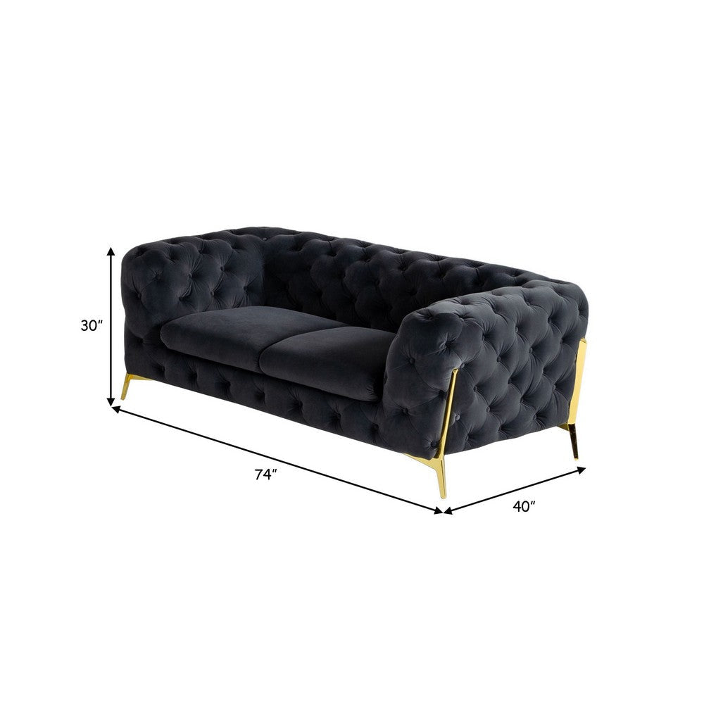 Vigo 74 Inch Loveseat Button Tufted Chesterfield Gray Velour Gold By Casagear Home BM317246