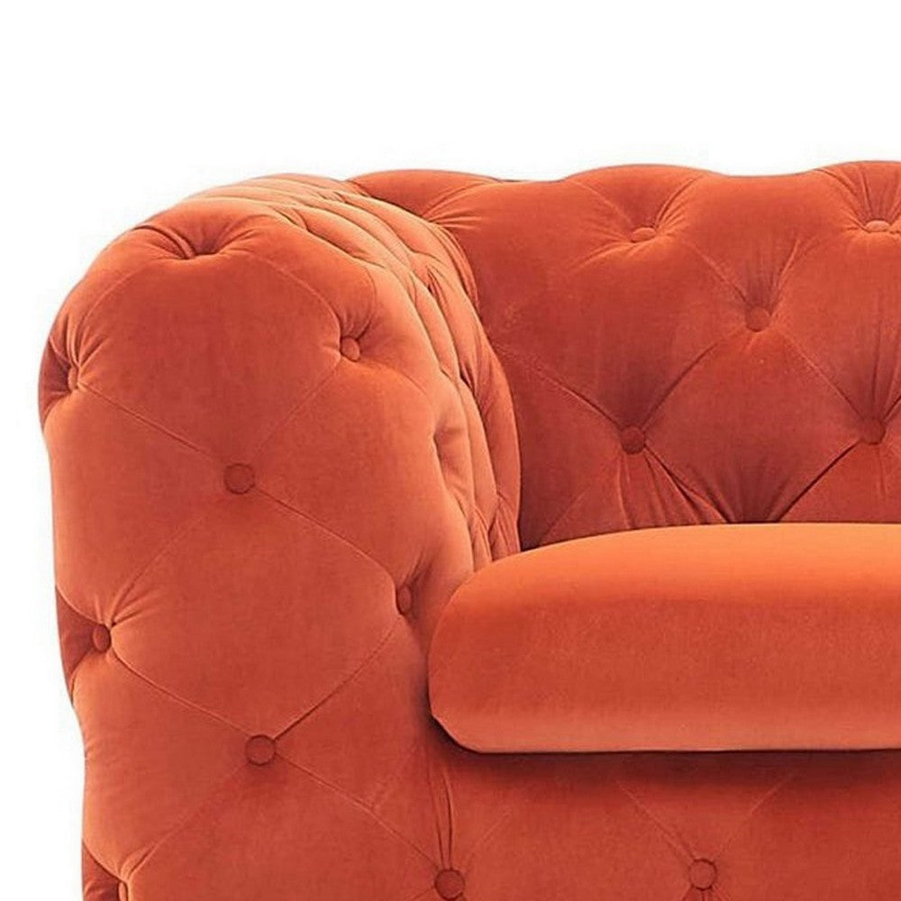 Vigo 74 Inch Loveseat Button Tufted Chesterfield Orange Velour Gold By Casagear Home BM317247