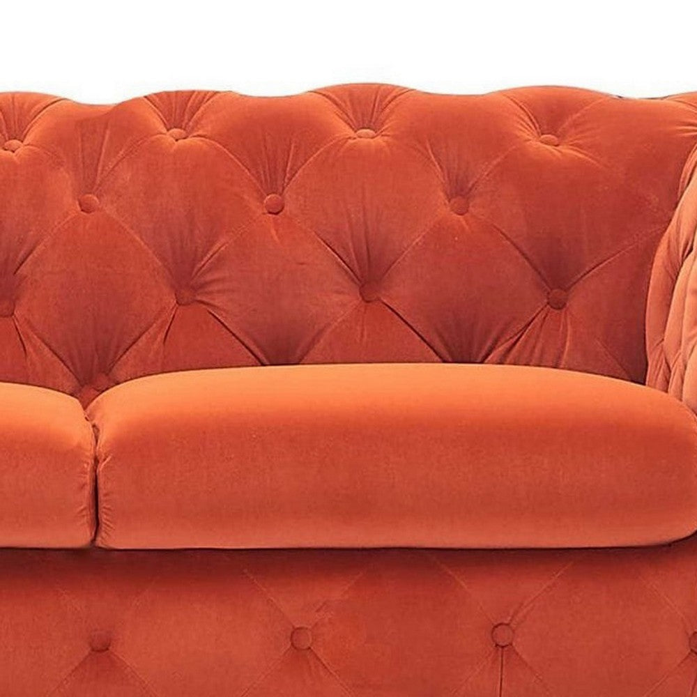 Vigo 74 Inch Loveseat Button Tufted Chesterfield Orange Velour Gold By Casagear Home BM317247