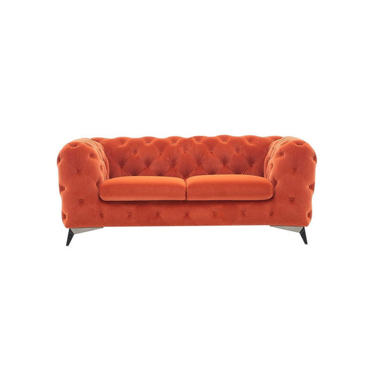 Vigo 74 Inch Loveseat, Button Tufted Chesterfield, Orange Velour, Gold By Casagear Home