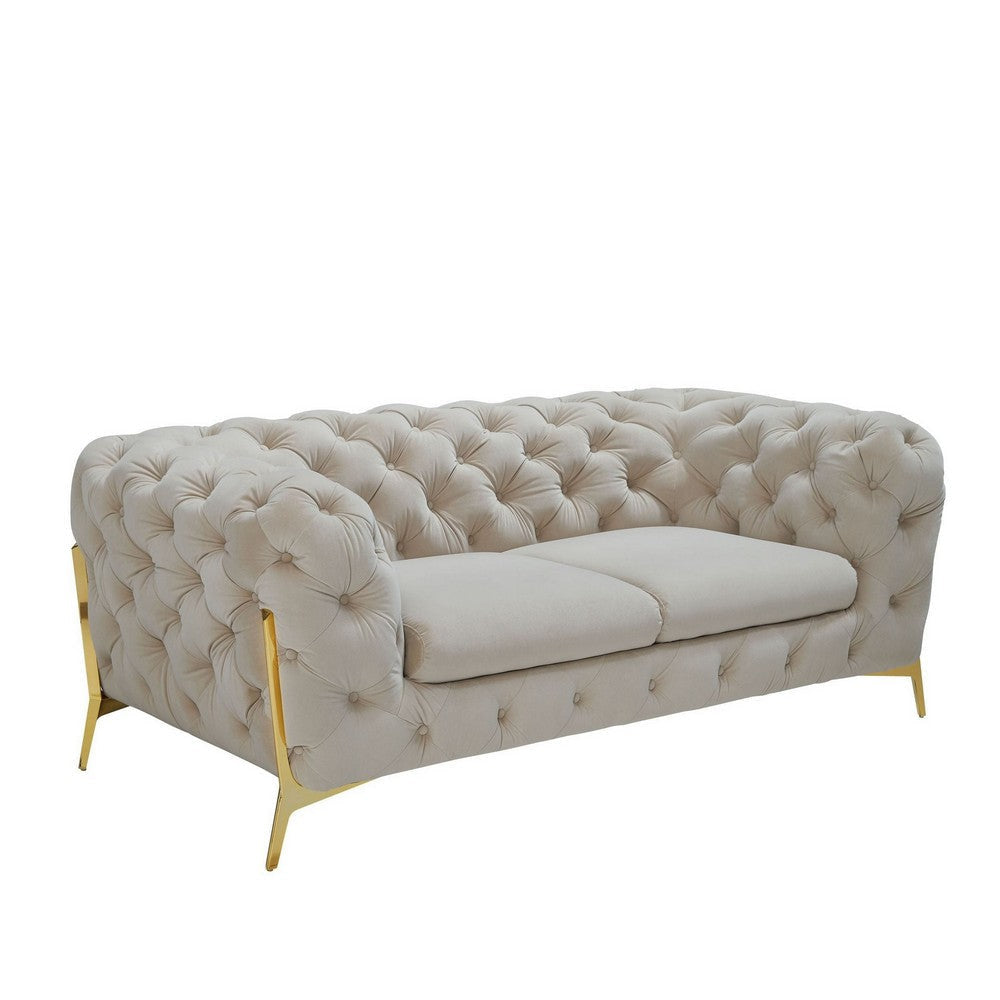 Vigo 74 Inch Loveseat, Button Tufted Chesterfield, Curved, Beige, Gold By Casagear Home