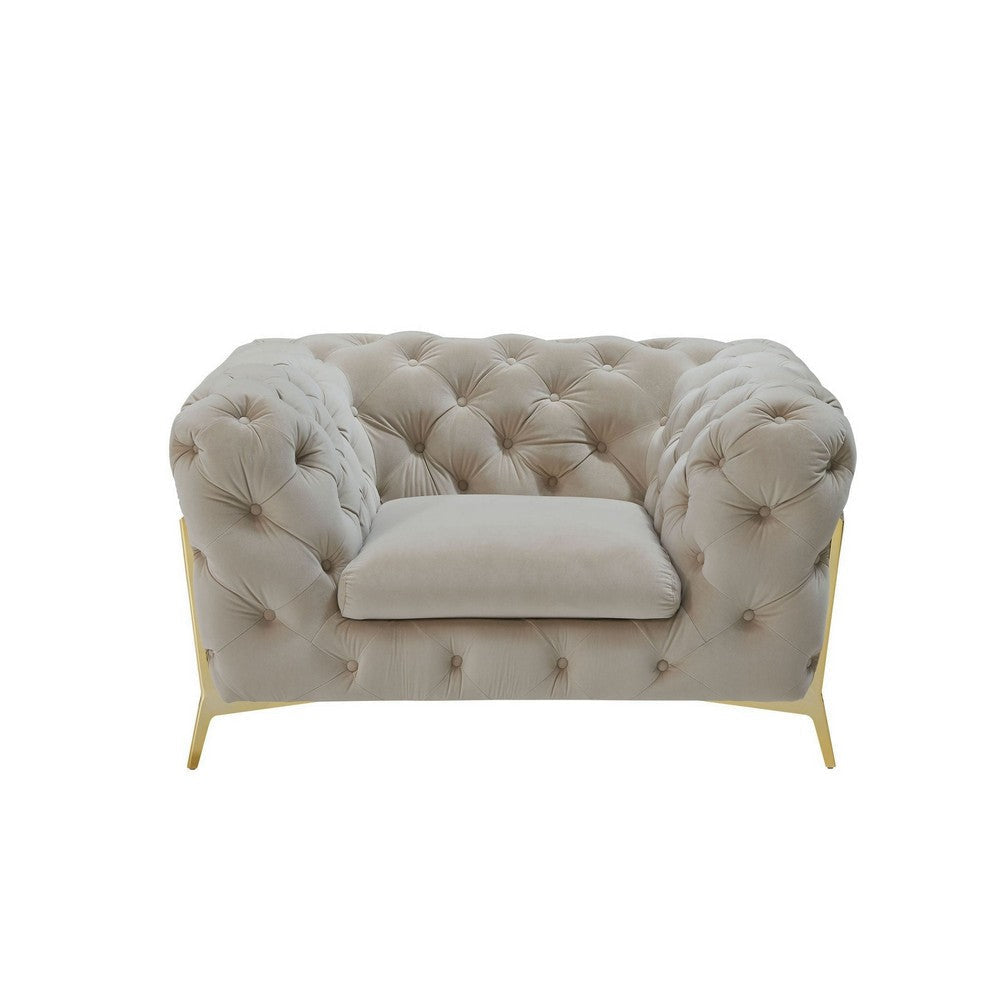 Vigo 50 Inch Accent Chair Chesterfield Button Tufted Design Gold Beige By Casagear Home BM317258