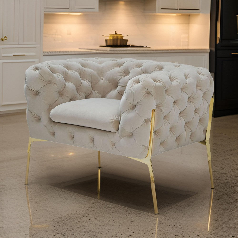 Vigo 50 Inch Accent Chair, Chesterfield Button Tufted Design, Gold, Beige By Casagear Home