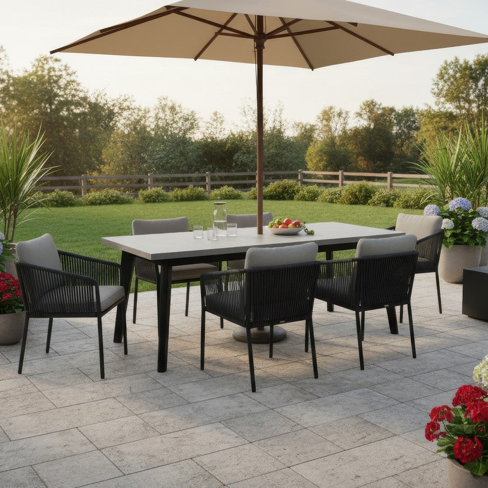 Eni 79 Inch Outdoor Dining Table, Natural Gray Concrete, Acacia Wood, Black By Casagear Home