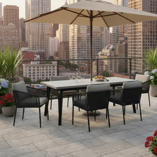 Eni 79 Inch Outdoor Dining Table, Natural Gray Concrete, Acacia Wood, Black By Casagear Home