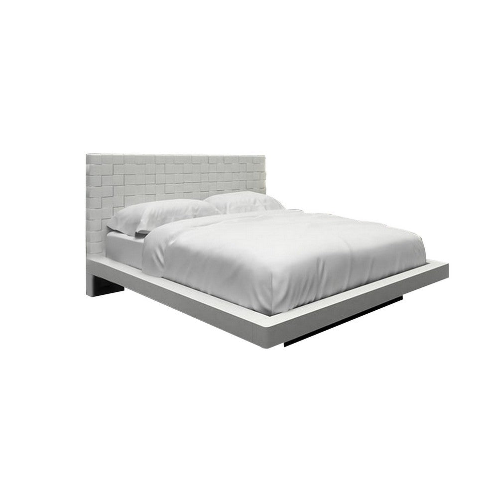 Queen Platform Bed, Crosshatch White Faux Leather Upholstered Headboard By Casagear Home