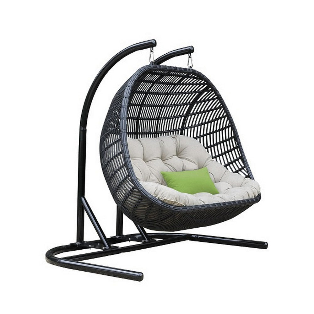 Sia 69 Inch Oversized Hanging Chair Swing, 2 Seater, Beige, Black Frame By Casagear Home