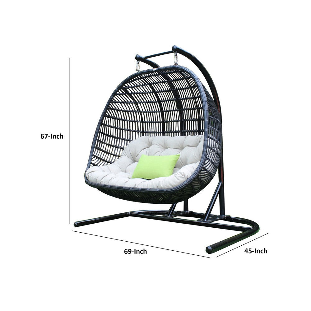 Sia 69 Inch Oversized Hanging Chair Swing 2 Seater Beige Black Frame By Casagear Home BM317283