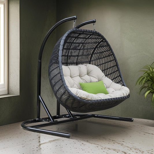 Sia 69 Inch Oversized Hanging Chair Swing, 2 Seater, Beige, Black Frame By Casagear Home