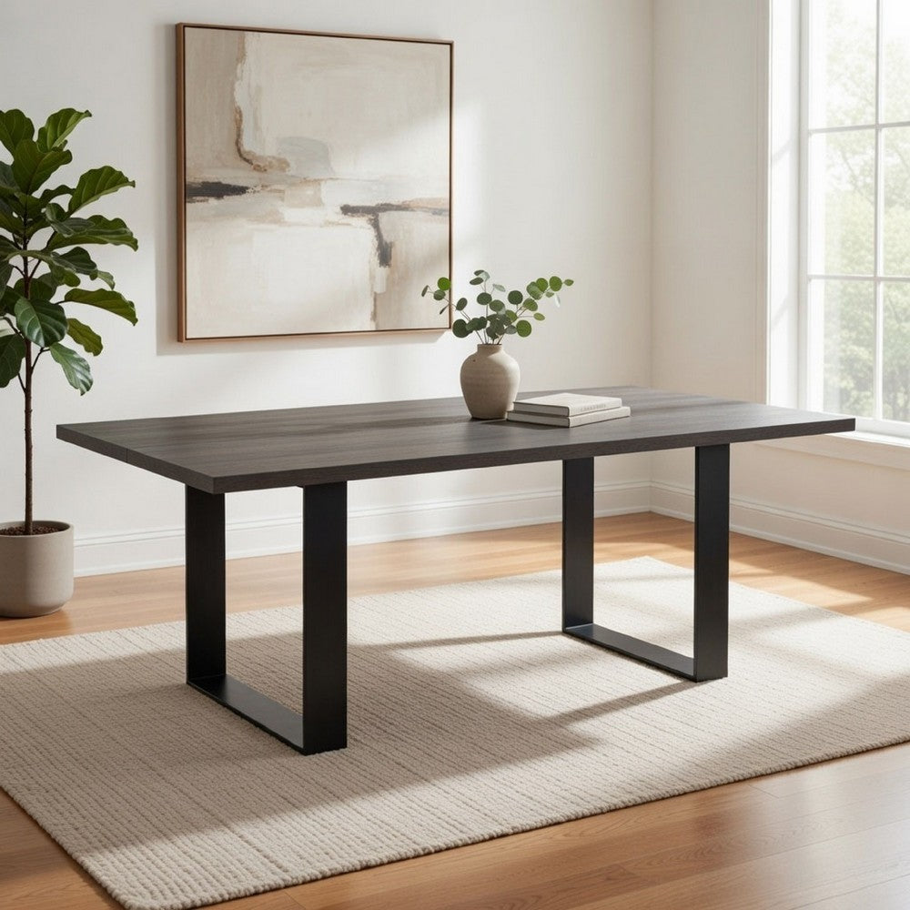 87 Inch Dining Table, Rectangular Top, Open Metal Panel, Gray Oak, Black By Casagear Home