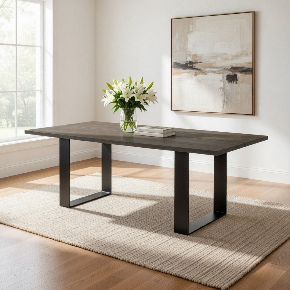 87 Inch Dining Table, Rectangular Top, Open Metal Panel, Gray Oak, Black By Casagear Home