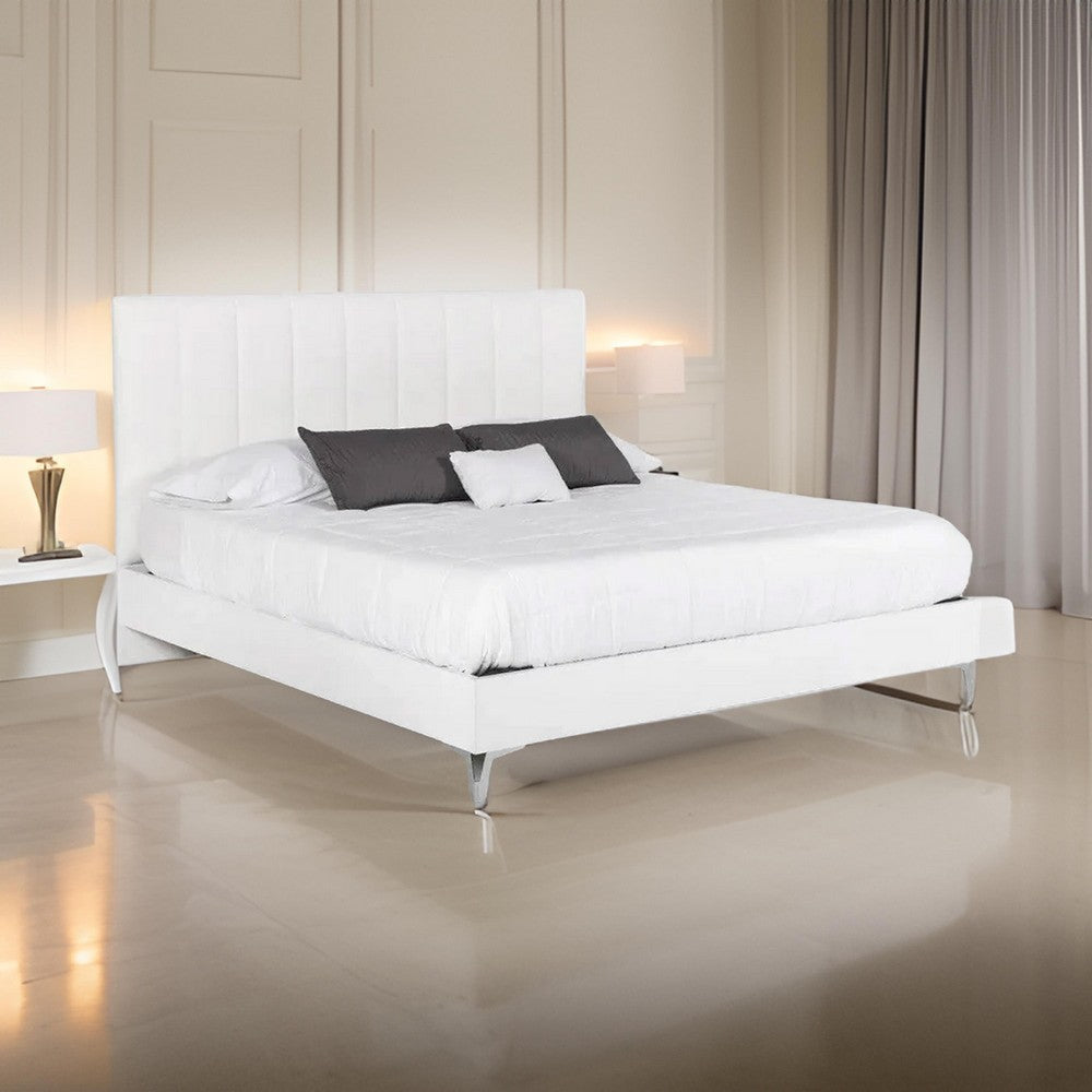 Noe Sip Queen Size Bed White Tufted Italian Vegan Leather Chrome Steel By Casagear Home BM317288