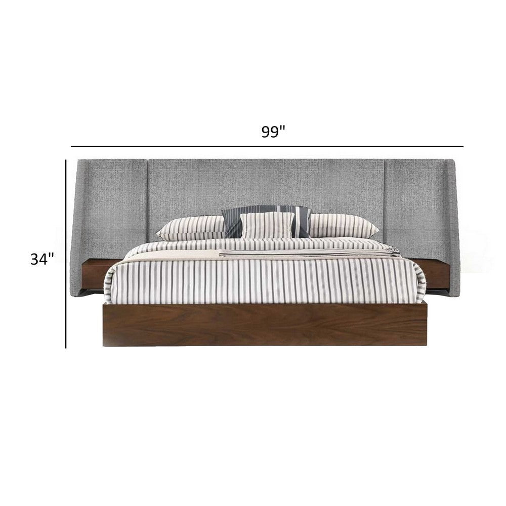 Nie Queen Bed Gray Upholstered Wide Wall Headboard Walnut Brown Wood By Casagear Home BM317290