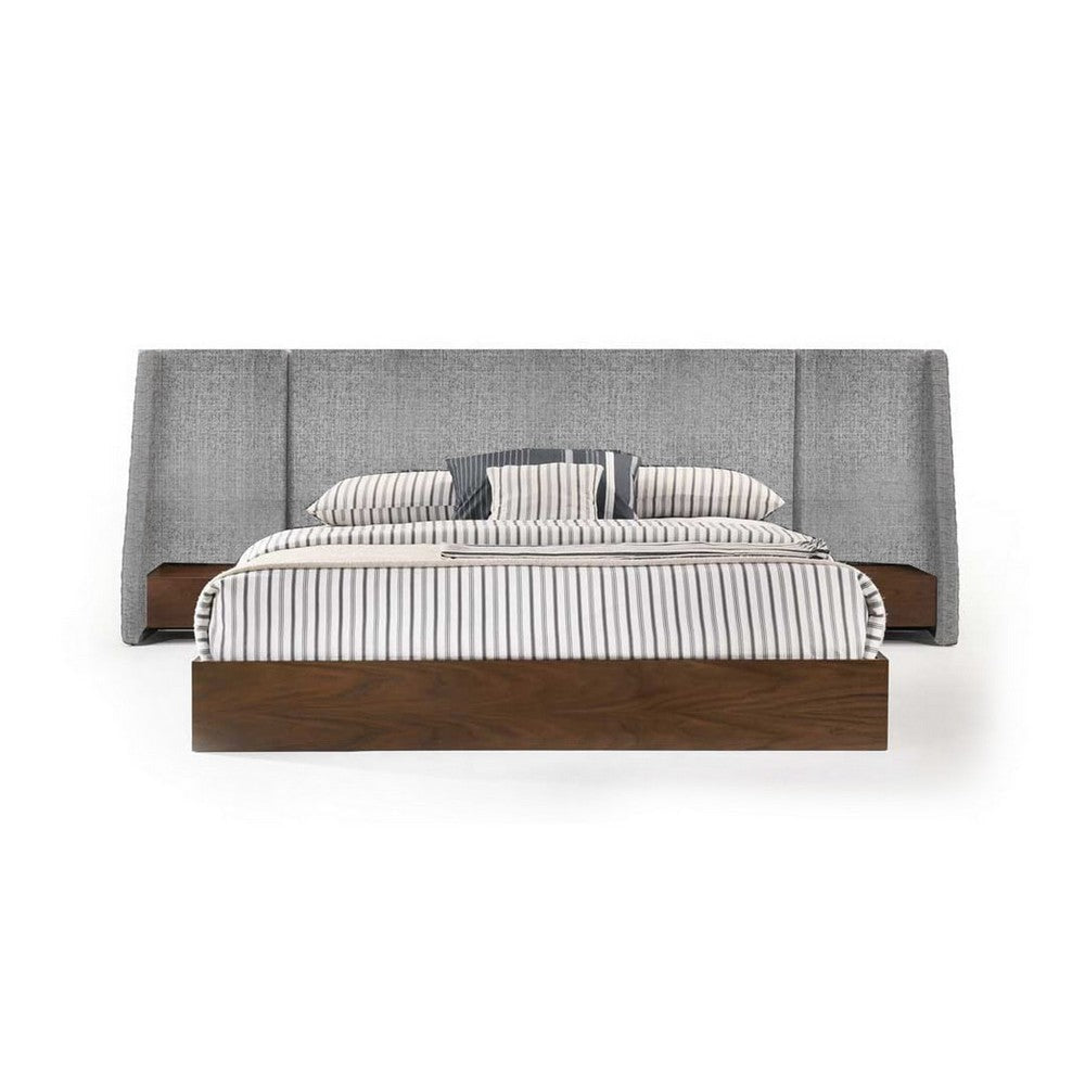 Nie King Size Bed, Gray Upholstered Wide Wall Headboard, Walnut Brown Wood By Casagear Home