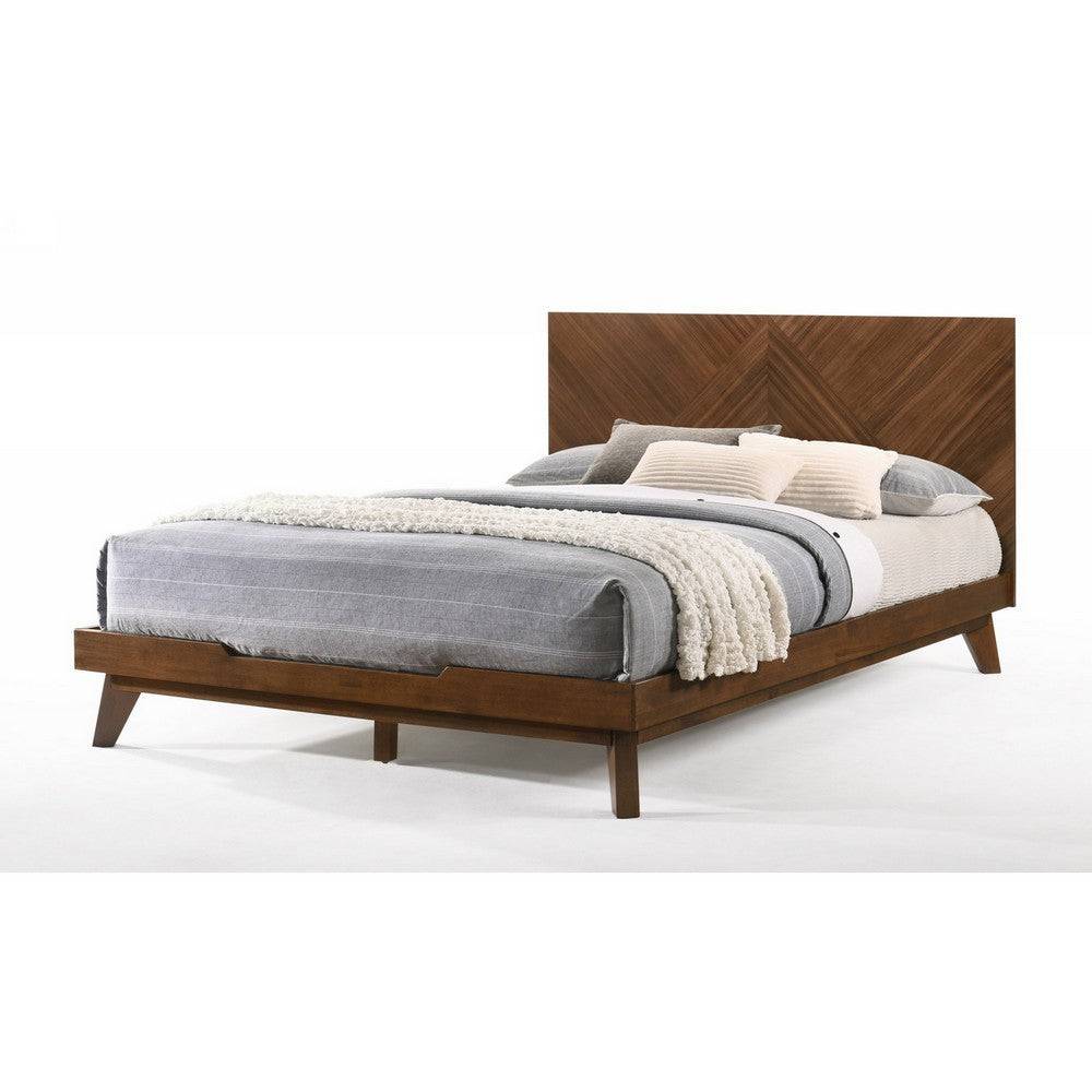 Soer Queen Bed, Chevron Pattern Tall Headboard, Walnut Brown Solid Wood By Casagear Home