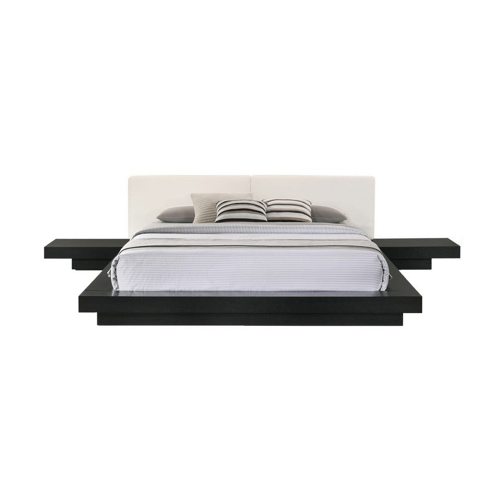 Nia Queen Size Bed White Faux Leather Black Low Profile Platform Bed BM317297