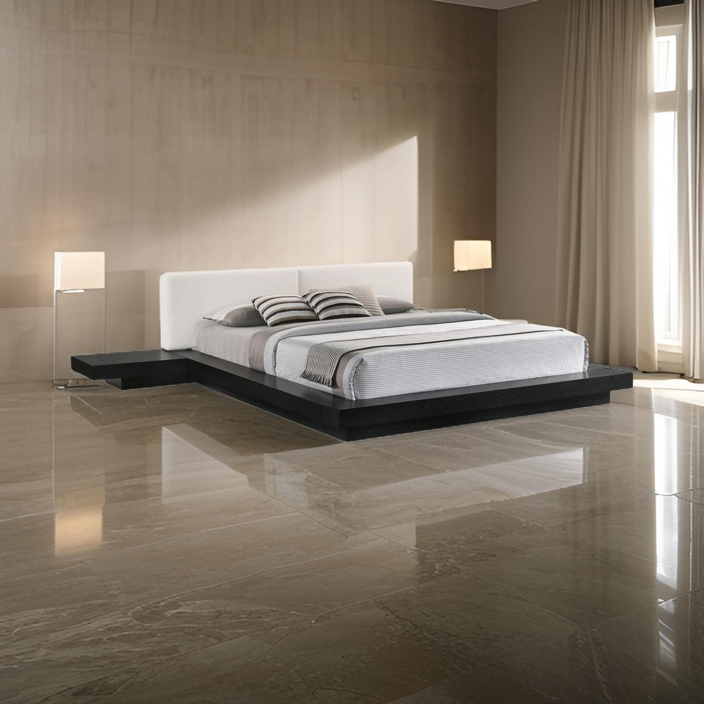 Nia Queen Size Bed, White Faux Leather, Black Low Profile Platform Bed