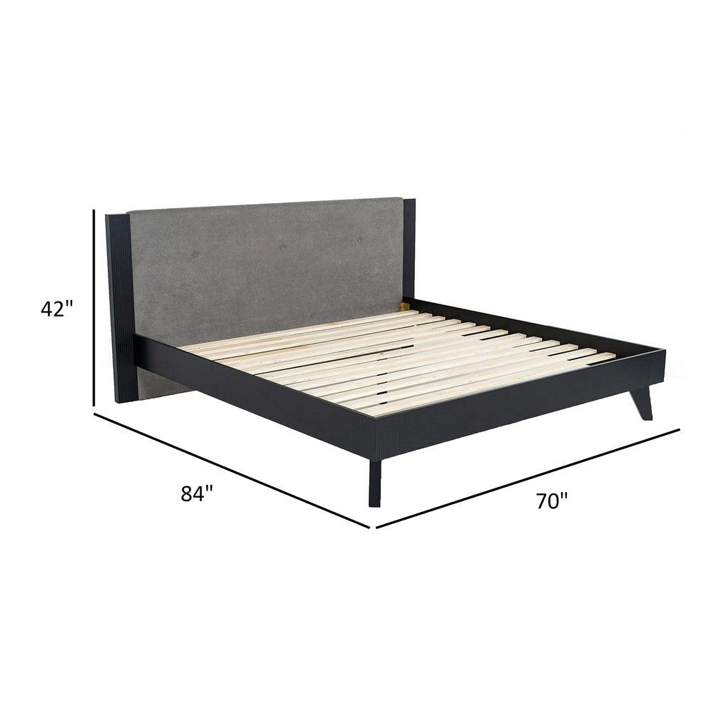 Pio Queen Size Bed Gray Upholstered Headboard Black Rubberwood Bed By Casagear Home BM317299