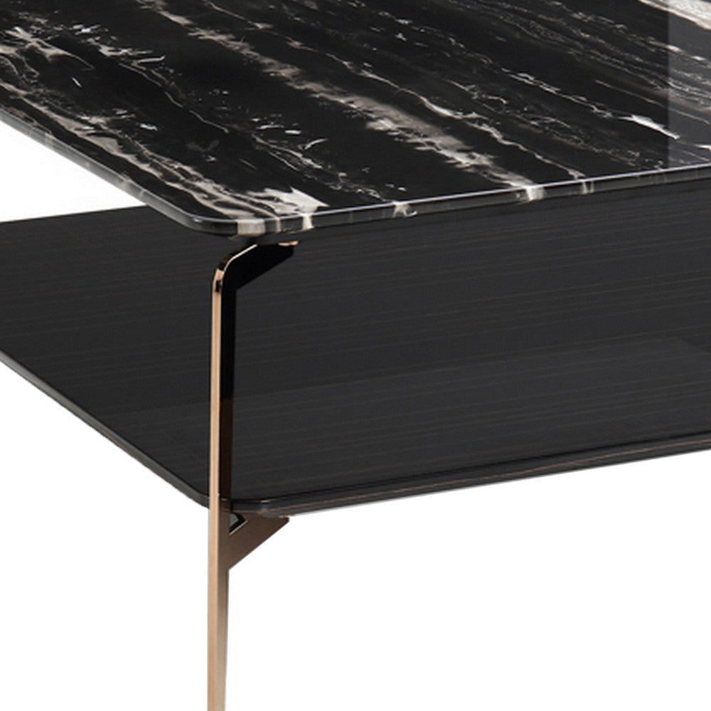 Rin 29 Inch Modern Coffee Table Square Black Marble Top with Shelf Gold By Casagear Home BM317303