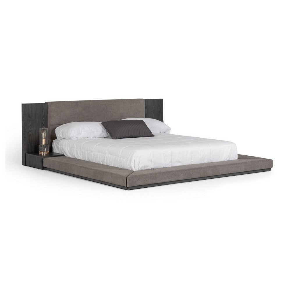 Noe Ruby King Bed Low Height with Built in Nightstands, Gray Upholstery By Casagear Home