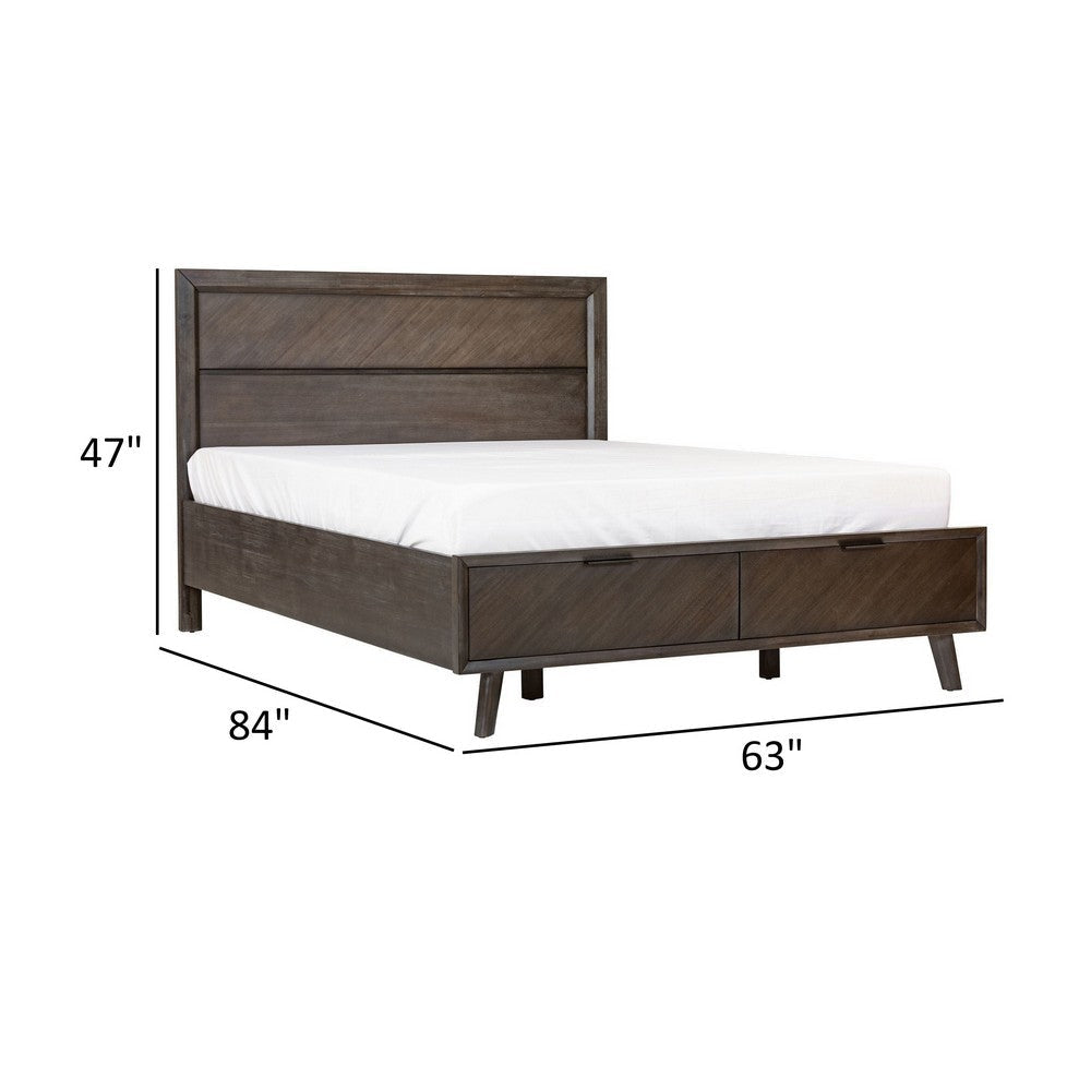 Cid Vein Queen Size Platform Bed Panel Headboard 2 Drawers Brown Acacia By Casagear Home BM317312