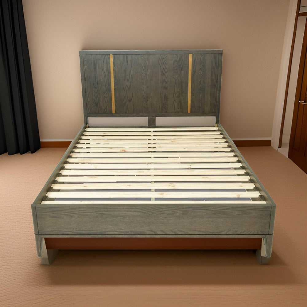 Cid Ohio Queen Size Platform Bed, Panel Headboard with Gold Accents, Brown By Casagear Home