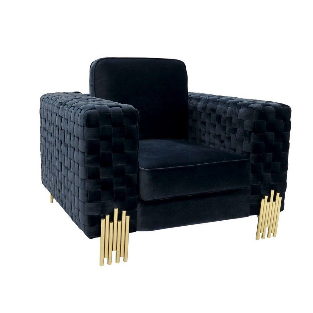 Reno Rio 45 Inch Accent Chair, Square Arms, Plush Black Velvet, Gold By Casagear Home