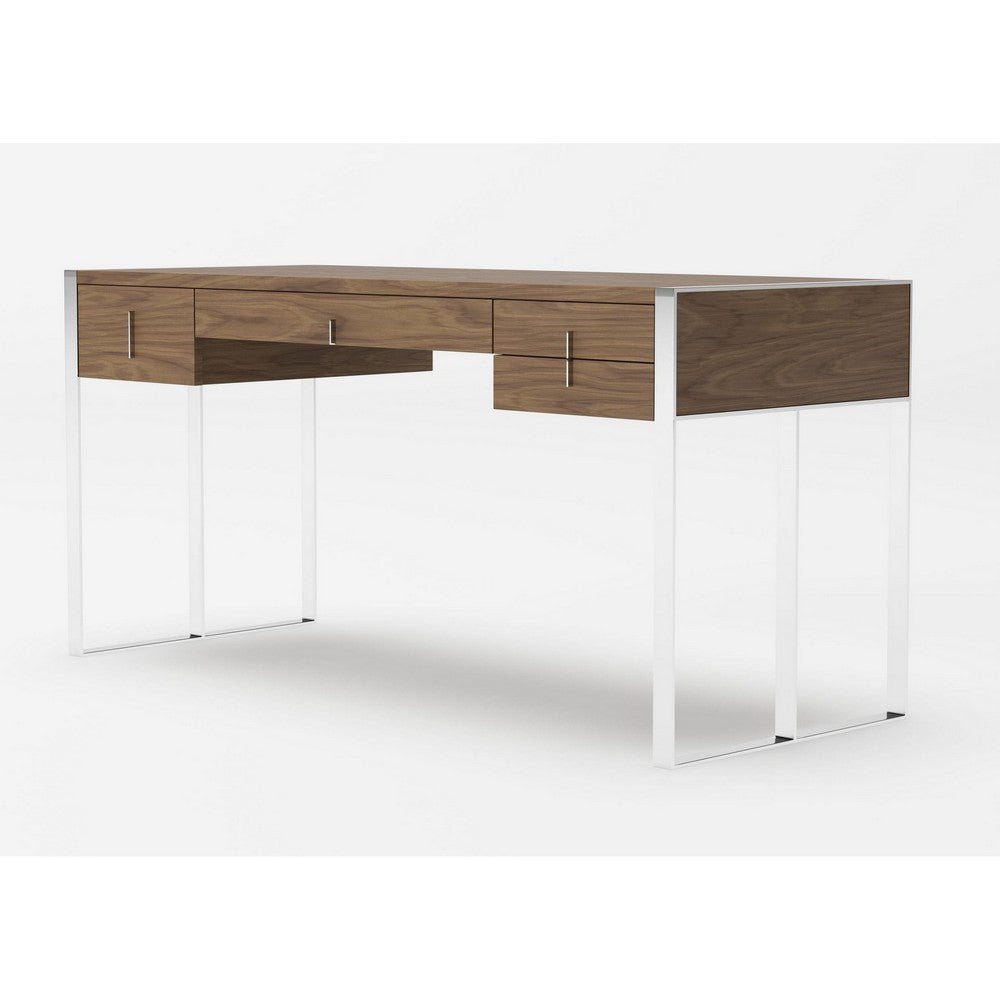 62 Inch Office Desk, 4 Drawers, Modern Chrome Metal Frame, Walnut Brown By Casagear Home