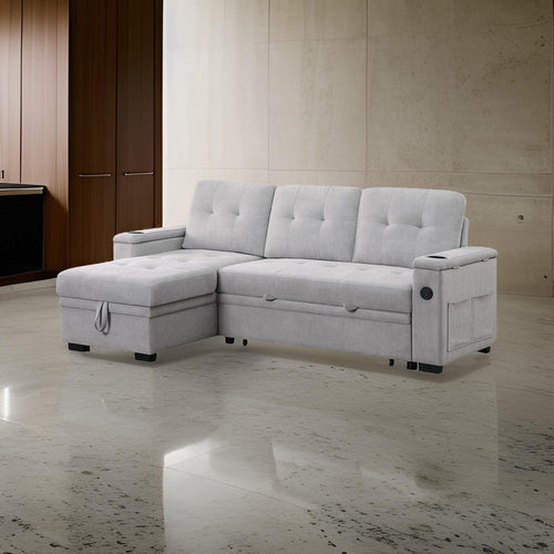 Lna 84 Inch Sectional Sofa, Pull Out Bed, Storage Chaise, USB, Light Gray By Casagear Home