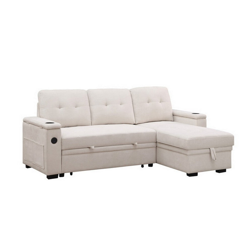 Lna 84 Inch Sectional Sofa Pull Out Bed Storage Chaise USB Beige Woven By Casagear Home BM317333