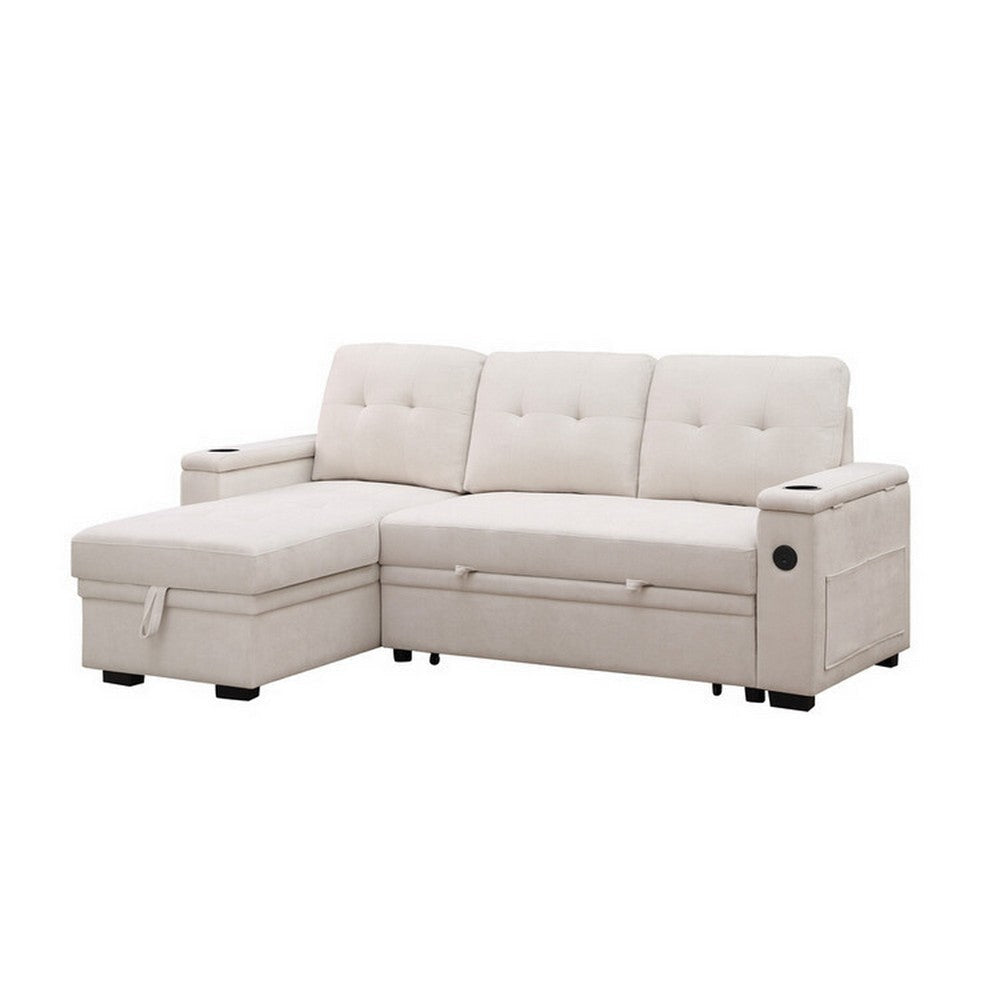 Lna 84 Inch Sectional Sofa, Pull Out Bed, Storage Chaise, USB, Beige Woven By Casagear Home