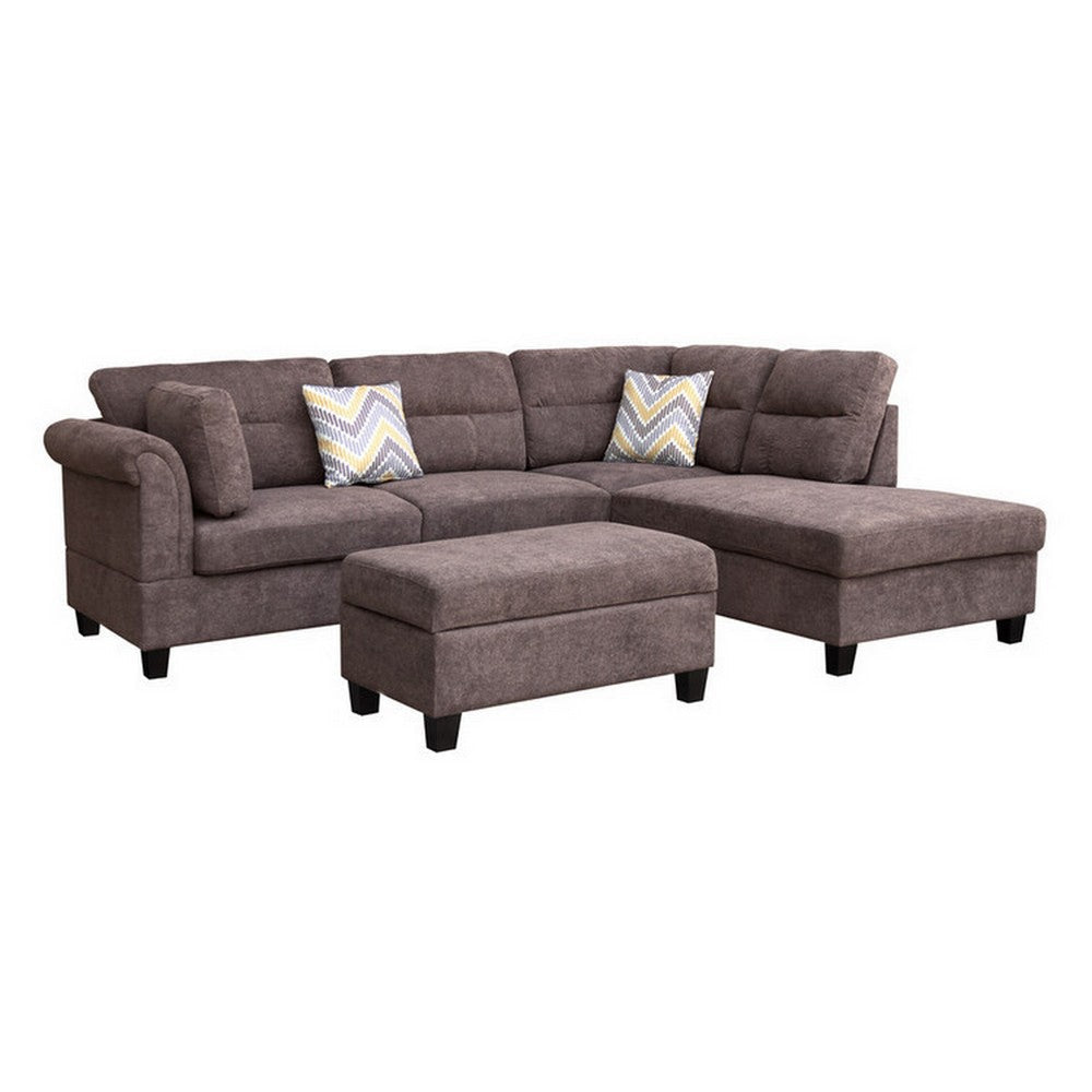 Ari 104 Inch Sectional Sofa, Right Facing Chaise, Ottoman, 2 Pillows, Brown By Casagear Home