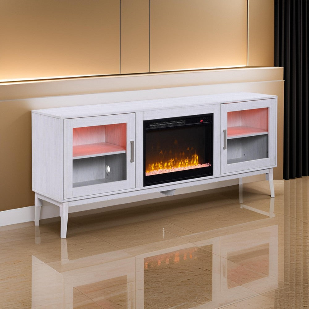 Samy 70 Inch TV Console LED Fireplace Heater, Glass Door, White, Silver By Casagear Home