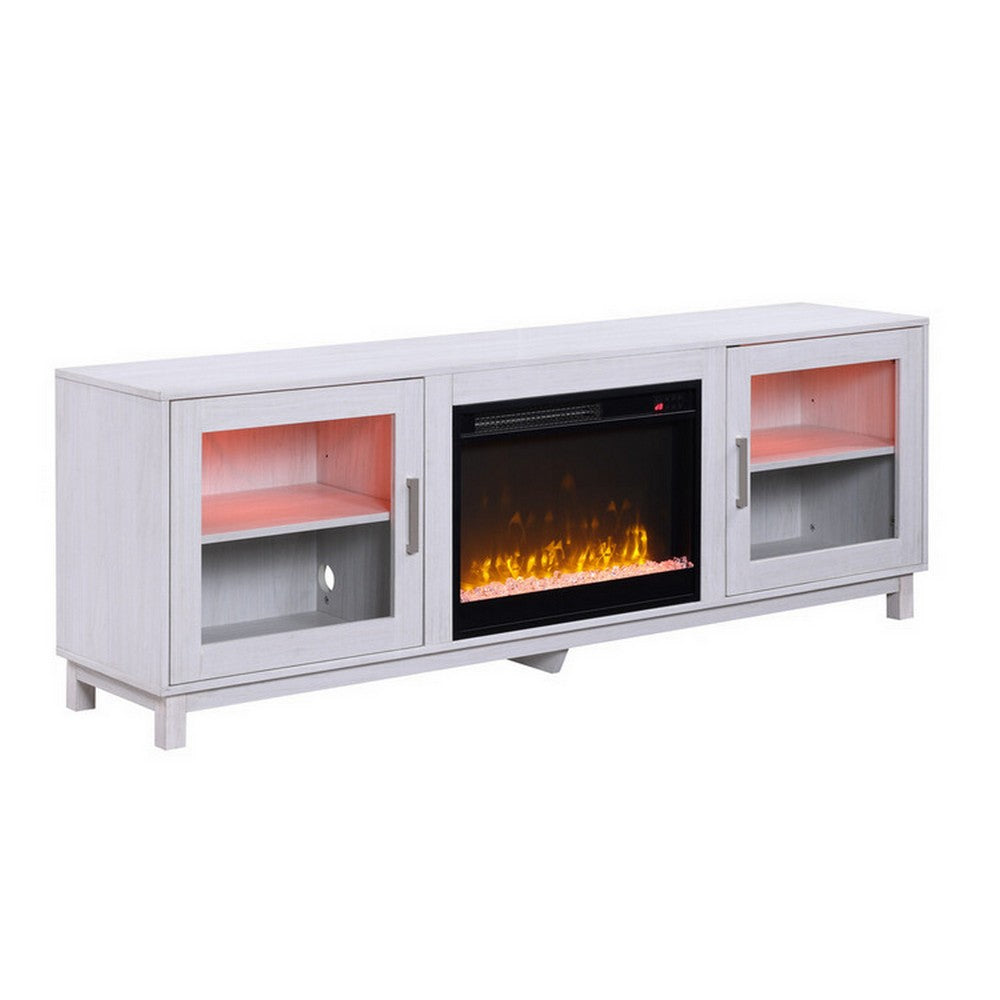Samy 70 Inch TV Console LED Fireplace Heater, Glass Door, White, Silver By Casagear Home