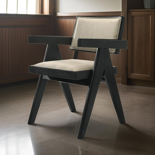 Bili 21 Inch Dining Armchair Set of 2, Open Back, Beige Upholstery, Black By Casagear Home